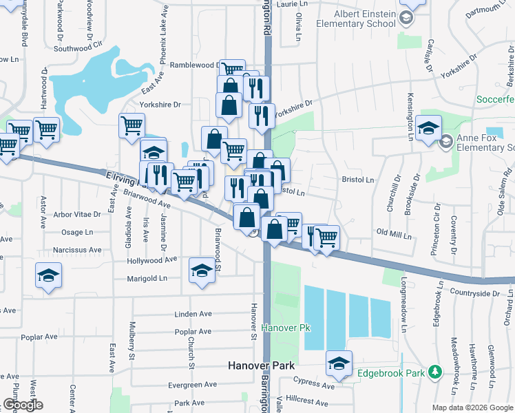 map of restaurants, bars, coffee shops, grocery stores, and more near 7580 Barrington Rd in Hanover Park