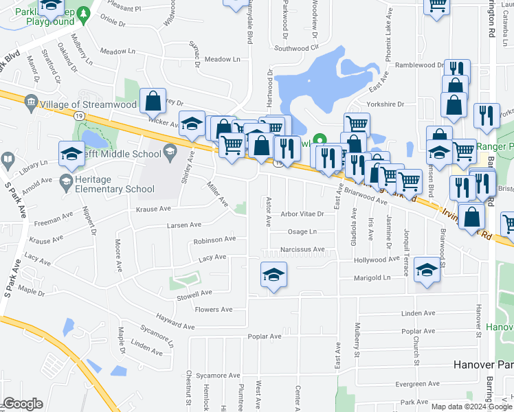 map of restaurants, bars, coffee shops, grocery stores, and more near 1551 McKool Avenue in Streamwood