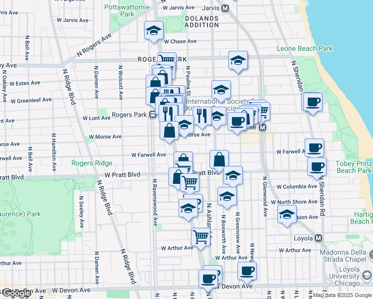 map of restaurants, bars, coffee shops, grocery stores, and more near 1662 West Farwell Avenue in Chicago