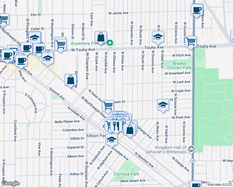 map of restaurants, bars, coffee shops, grocery stores, and more near 6949 North Ottawa Avenue in Chicago