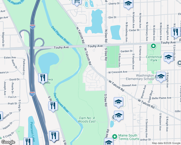 map of restaurants, bars, coffee shops, grocery stores, and more near 201 Thames Parkway in Park Ridge