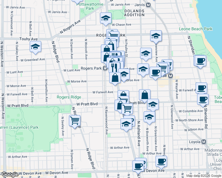 map of restaurants, bars, coffee shops, grocery stores, and more near 1773 West Morse Avenue in Chicago