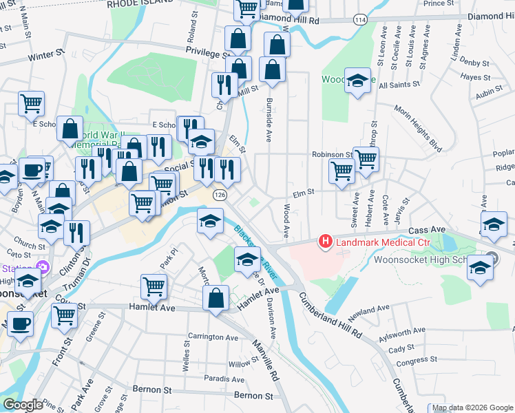 map of restaurants, bars, coffee shops, grocery stores, and more near 120 Gaulin Avenue in Woonsocket
