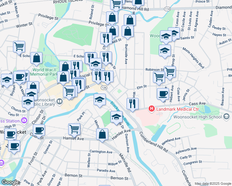map of restaurants, bars, coffee shops, grocery stores, and more near 120 Gaulin Avenue in Woonsocket