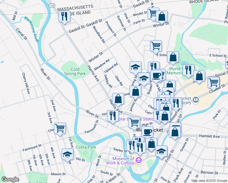 map of restaurants, bars, coffee shops, grocery stores, and more near 107 Oakley Road in Woonsocket