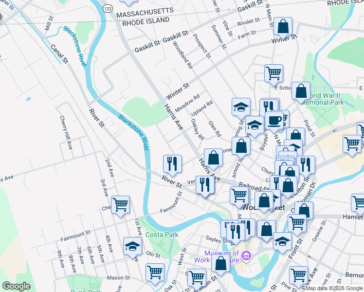 map of restaurants, bars, coffee shops, grocery stores, and more near 246 Harris Avenue in Woonsocket