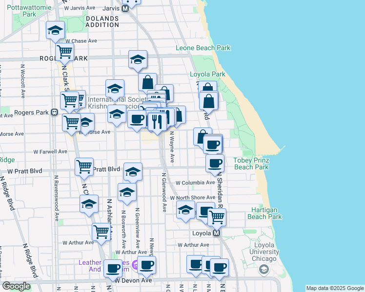 map of restaurants, bars, coffee shops, grocery stores, and more near 6921 North Wayne Avenue in Chicago