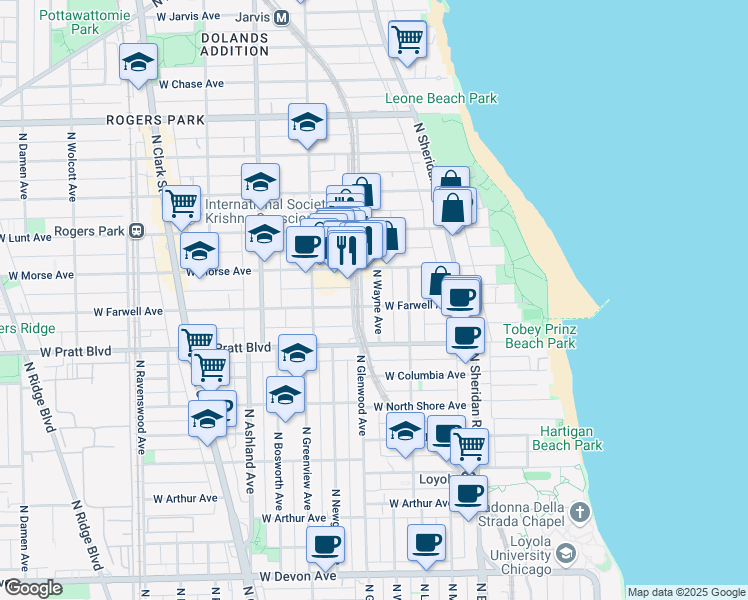 map of restaurants, bars, coffee shops, grocery stores, and more near 6921 North Wayne Avenue in Chicago