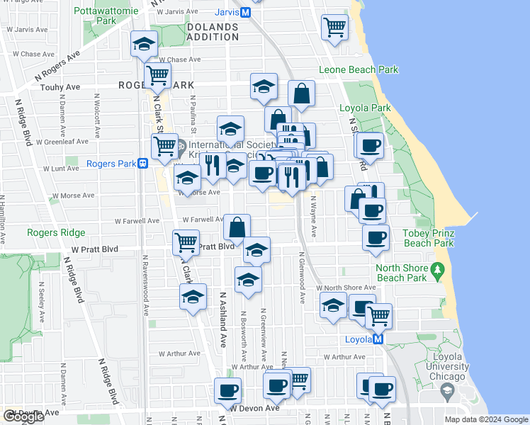 map of restaurants, bars, coffee shops, grocery stores, and more near 6925 North Greenview Avenue in Chicago