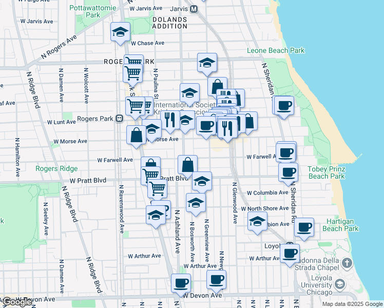 map of restaurants, bars, coffee shops, grocery stores, and more near 1527 West Morse Avenue in Chicago