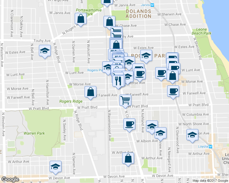 map of restaurants, bars, coffee shops, grocery stores, and more near 1773 West Morse Avenue in Chicago