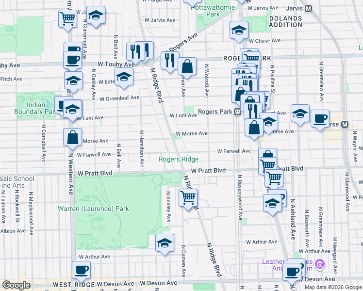 map of restaurants, bars, coffee shops, grocery stores, and more near 6939 North Ridge Avenue in Chicago