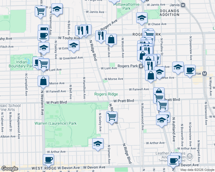 map of restaurants, bars, coffee shops, grocery stores, and more near 6939 North Ridge Avenue in Chicago