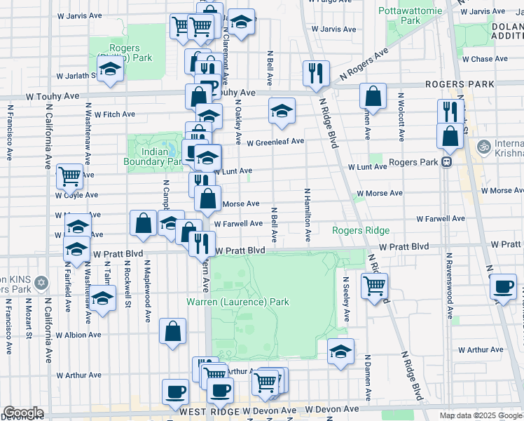 map of restaurants, bars, coffee shops, grocery stores, and more near 2220 West Morse Avenue in Chicago