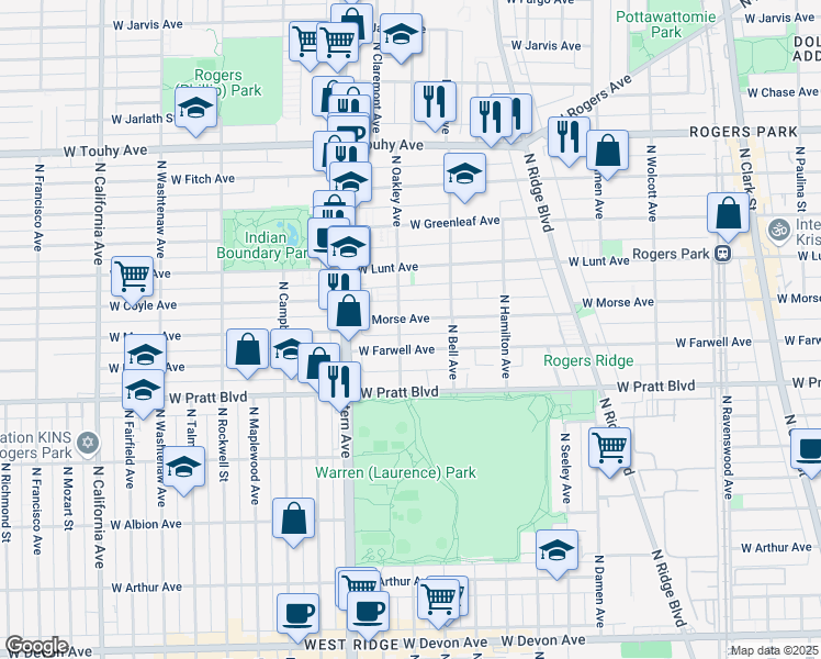map of restaurants, bars, coffee shops, grocery stores, and more near 2220 West Morse Avenue in Chicago