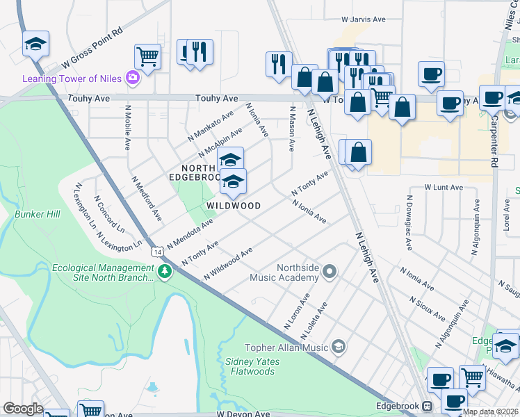 map of restaurants, bars, coffee shops, grocery stores, and more near 6964 North Ionia Avenue in Chicago