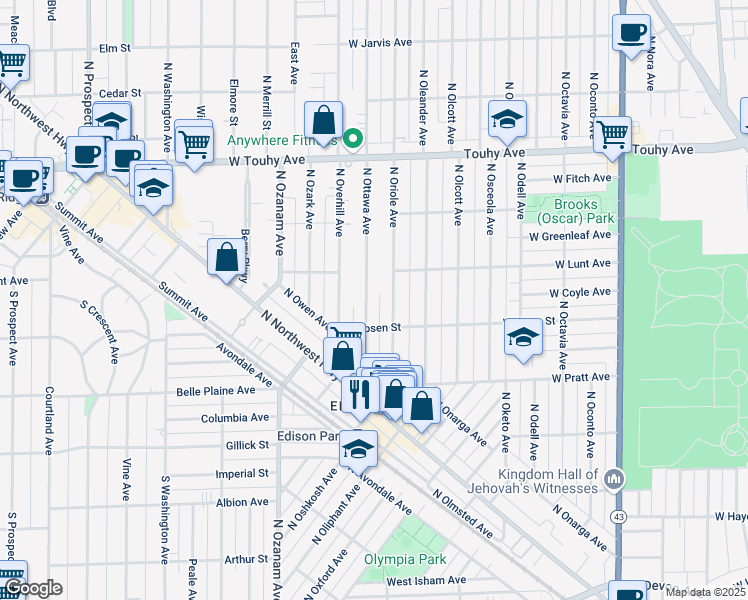 map of restaurants, bars, coffee shops, grocery stores, and more near 6949 North Ottawa Avenue in Chicago