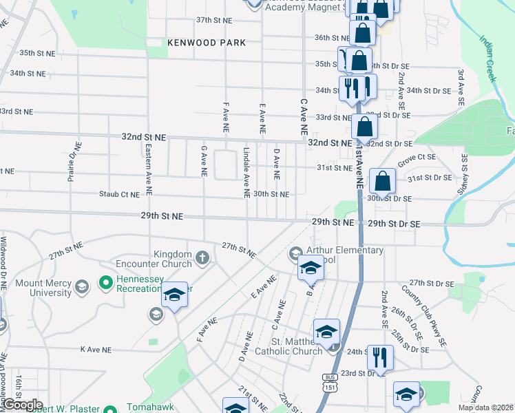 map of restaurants, bars, coffee shops, grocery stores, and more near 3001 East Avenue Northeast in Cedar Rapids