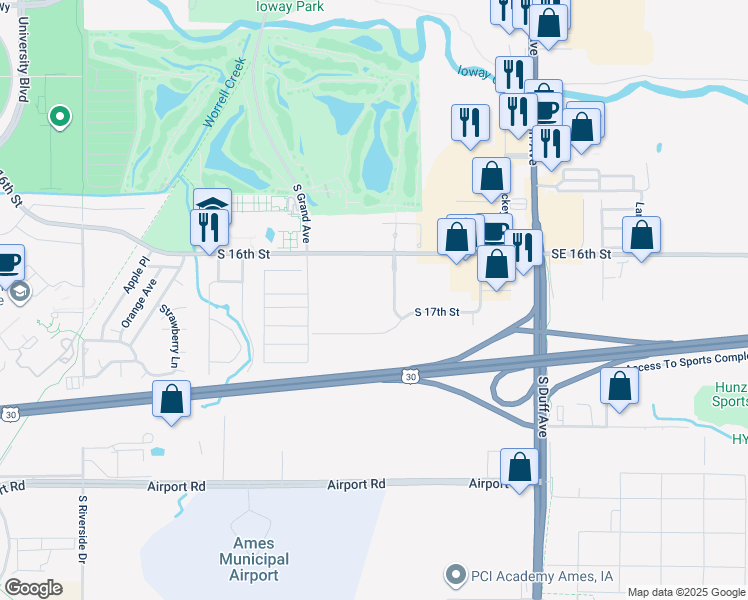 map of restaurants, bars, coffee shops, grocery stores, and more near 1631-1641 Golden Aspen Dr in Ames