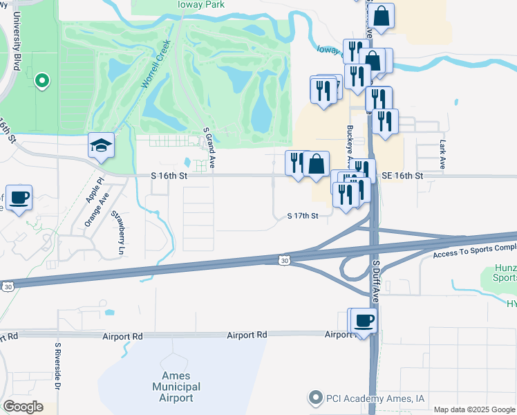 map of restaurants, bars, coffee shops, grocery stores, and more near 1631 Golden Aspen Drive in Ames