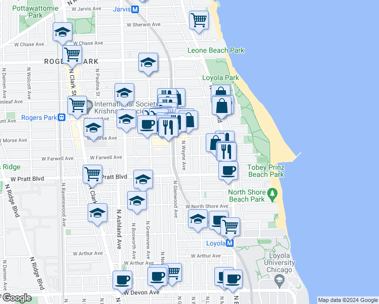 map of restaurants, bars, coffee shops, grocery stores, and more near 1320 West Farwell Avenue in Chicago
