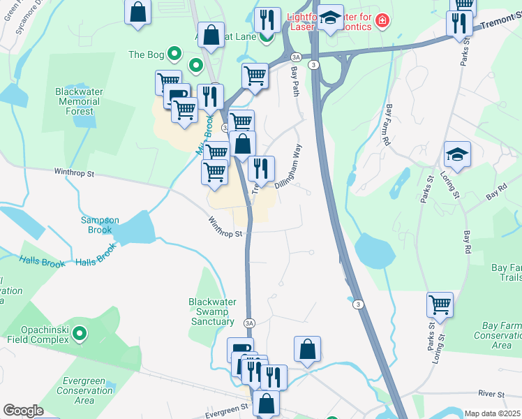 map of restaurants, bars, coffee shops, grocery stores, and more near 3 Tremont Street in Kingston