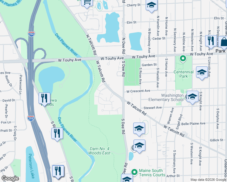 map of restaurants, bars, coffee shops, grocery stores, and more near 2420 West Talcott Road in Park Ridge
