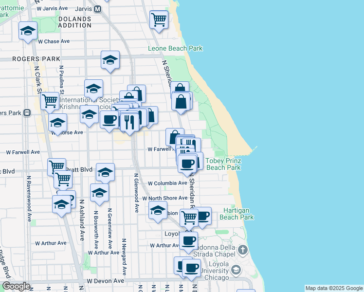 map of restaurants, bars, coffee shops, grocery stores, and more near 6900 North Sheridan Road in Chicago