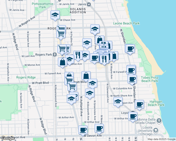 map of restaurants, bars, coffee shops, grocery stores, and more near 1527 West Morse Avenue in Chicago
