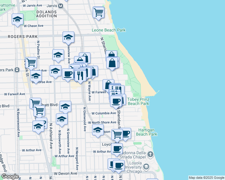 map of restaurants, bars, coffee shops, grocery stores, and more near 6900 North Sheridan Road in Chicago
