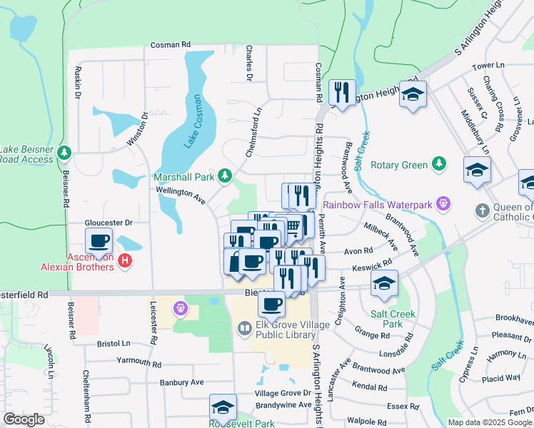 map of restaurants, bars, coffee shops, grocery stores, and more near 128 Hastings Avenue in Elk Grove Village