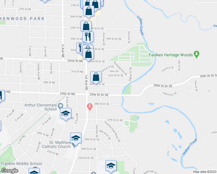 map of restaurants, bars, coffee shops, grocery stores, and more near 307 30th Street Drive Southeast in Cedar Rapids
