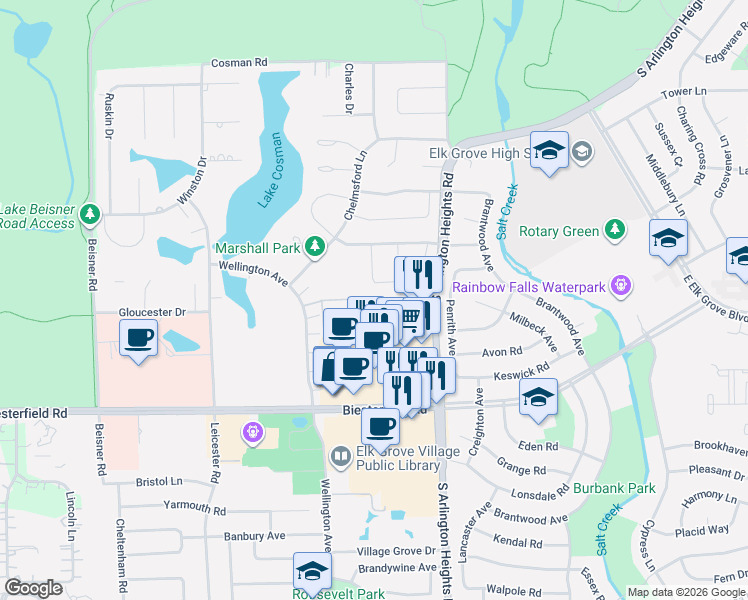 map of restaurants, bars, coffee shops, grocery stores, and more near 128 Hastings Avenue in Elk Grove Village