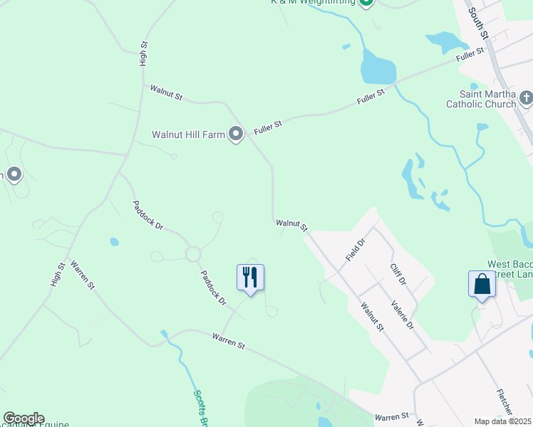 map of restaurants, bars, coffee shops, grocery stores, and more near 72 Walnut Street in Plainville