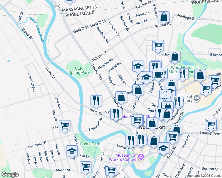 map of restaurants, bars, coffee shops, grocery stores, and more near 189 Harris Avenue in Woonsocket