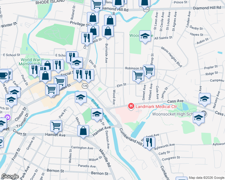 map of restaurants, bars, coffee shops, grocery stores, and more near 358 Elm Street in Woonsocket