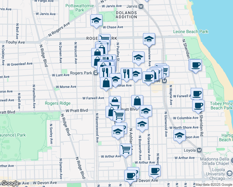 map of restaurants, bars, coffee shops, grocery stores, and more near 1664 West Farwell Avenue in Chicago