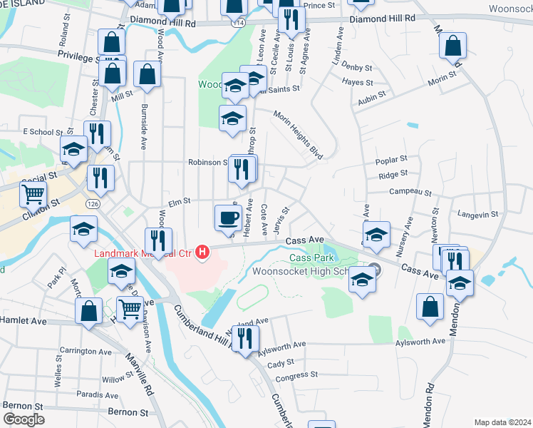 map of restaurants, bars, coffee shops, grocery stores, and more near 133 Cote Avenue in Woonsocket