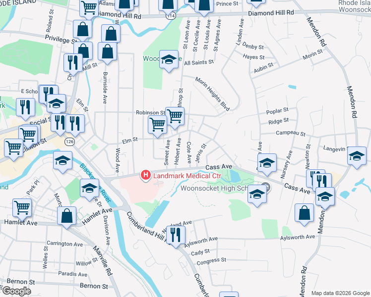 map of restaurants, bars, coffee shops, grocery stores, and more near 133 Cote Avenue in Woonsocket