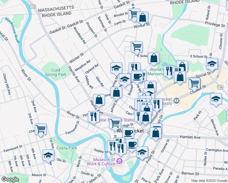 map of restaurants, bars, coffee shops, grocery stores, and more near 53 Spring Street in Woonsocket