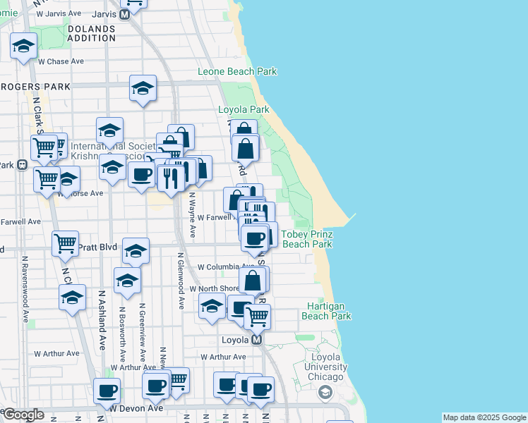 map of restaurants, bars, coffee shops, grocery stores, and more near 1125 West Morse Avenue in Chicago