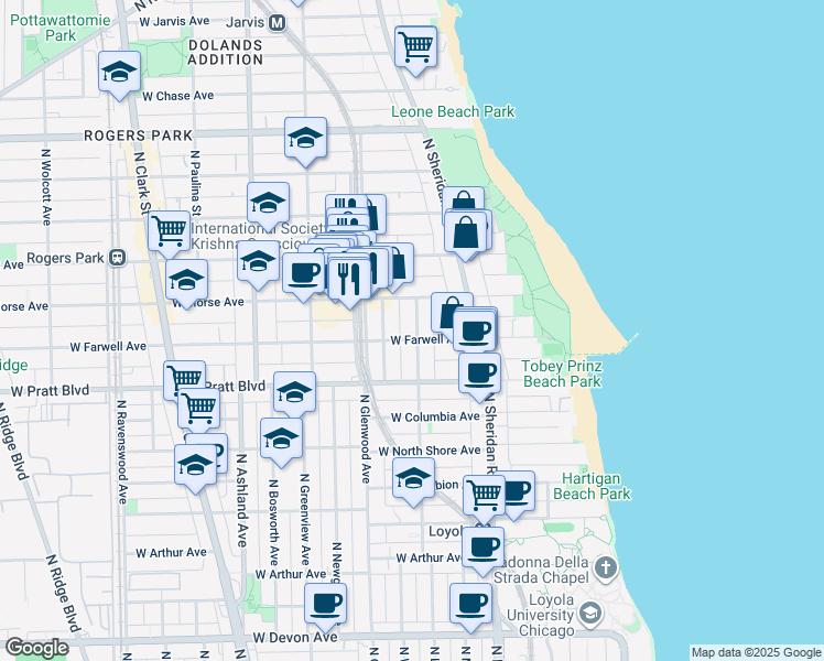 map of restaurants, bars, coffee shops, grocery stores, and more near 6921 North Wayne Avenue in Chicago