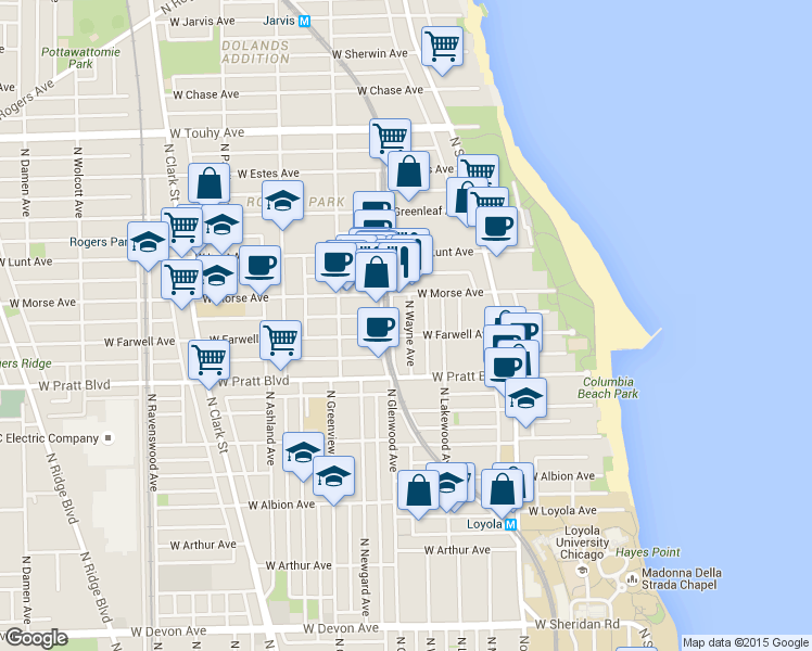 map of restaurants, bars, coffee shops, grocery stores, and more near 6921 North Wayne Avenue in Chicago