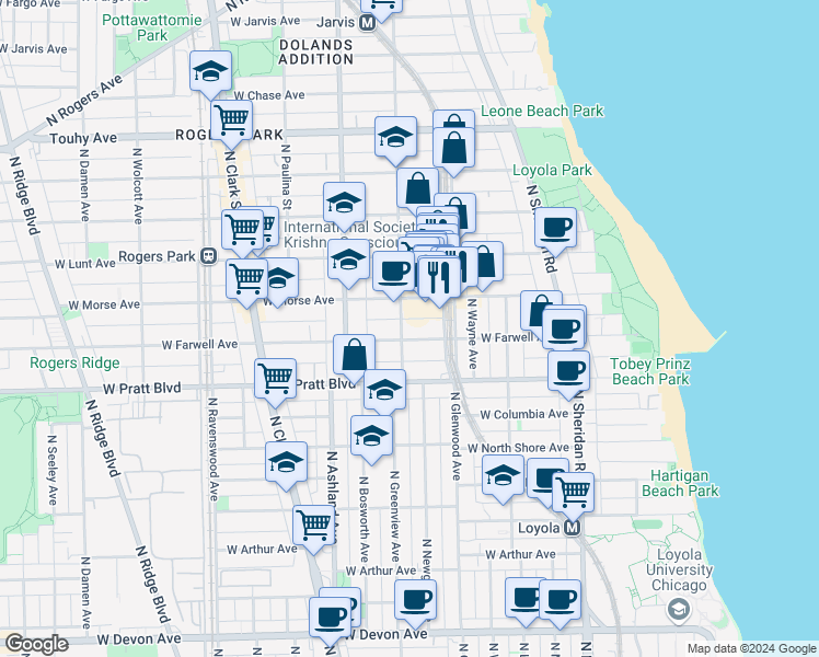 map of restaurants, bars, coffee shops, grocery stores, and more near 6925 North Greenview Avenue in Chicago