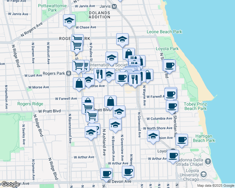 map of restaurants, bars, coffee shops, grocery stores, and more near 1527 West Morse Avenue in Chicago