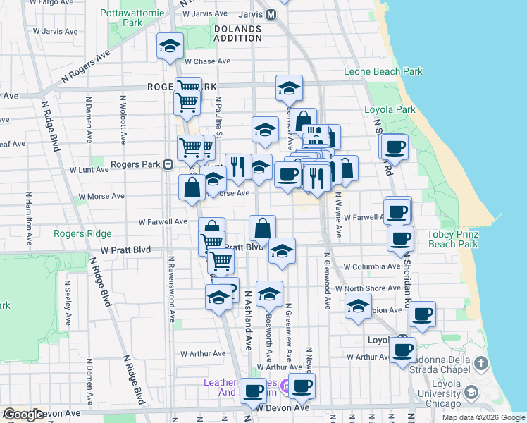 map of restaurants, bars, coffee shops, grocery stores, and more near 1527 West Morse Avenue in Chicago