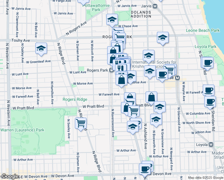 map of restaurants, bars, coffee shops, grocery stores, and more near 1773 West Morse Avenue in Chicago