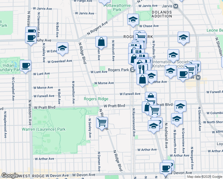 map of restaurants, bars, coffee shops, grocery stores, and more near 1853 West Morse Avenue in Chicago