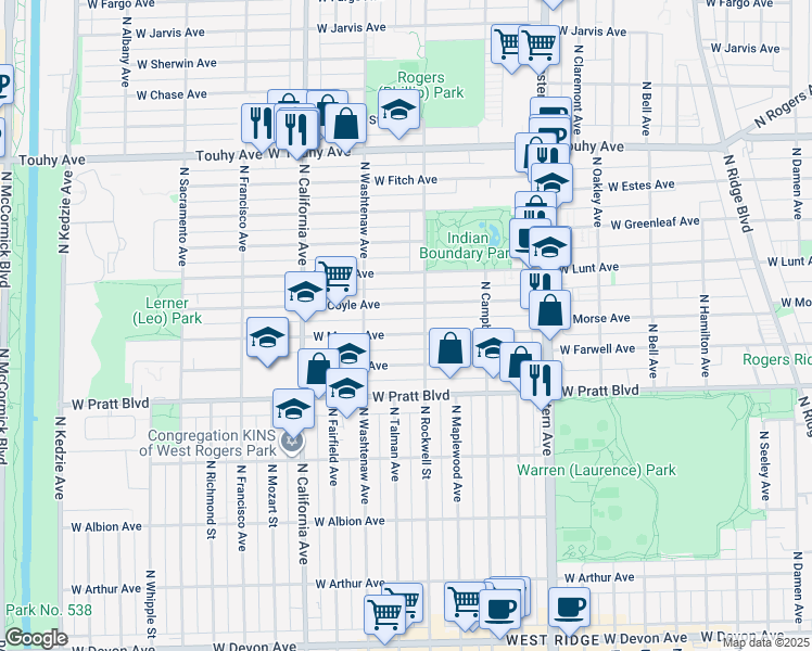 map of restaurants, bars, coffee shops, grocery stores, and more near 2627 West Coyle Avenue in Chicago
