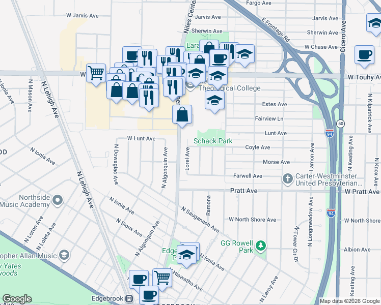 map of restaurants, bars, coffee shops, grocery stores, and more near 5320 Coyle Avenue in Skokie